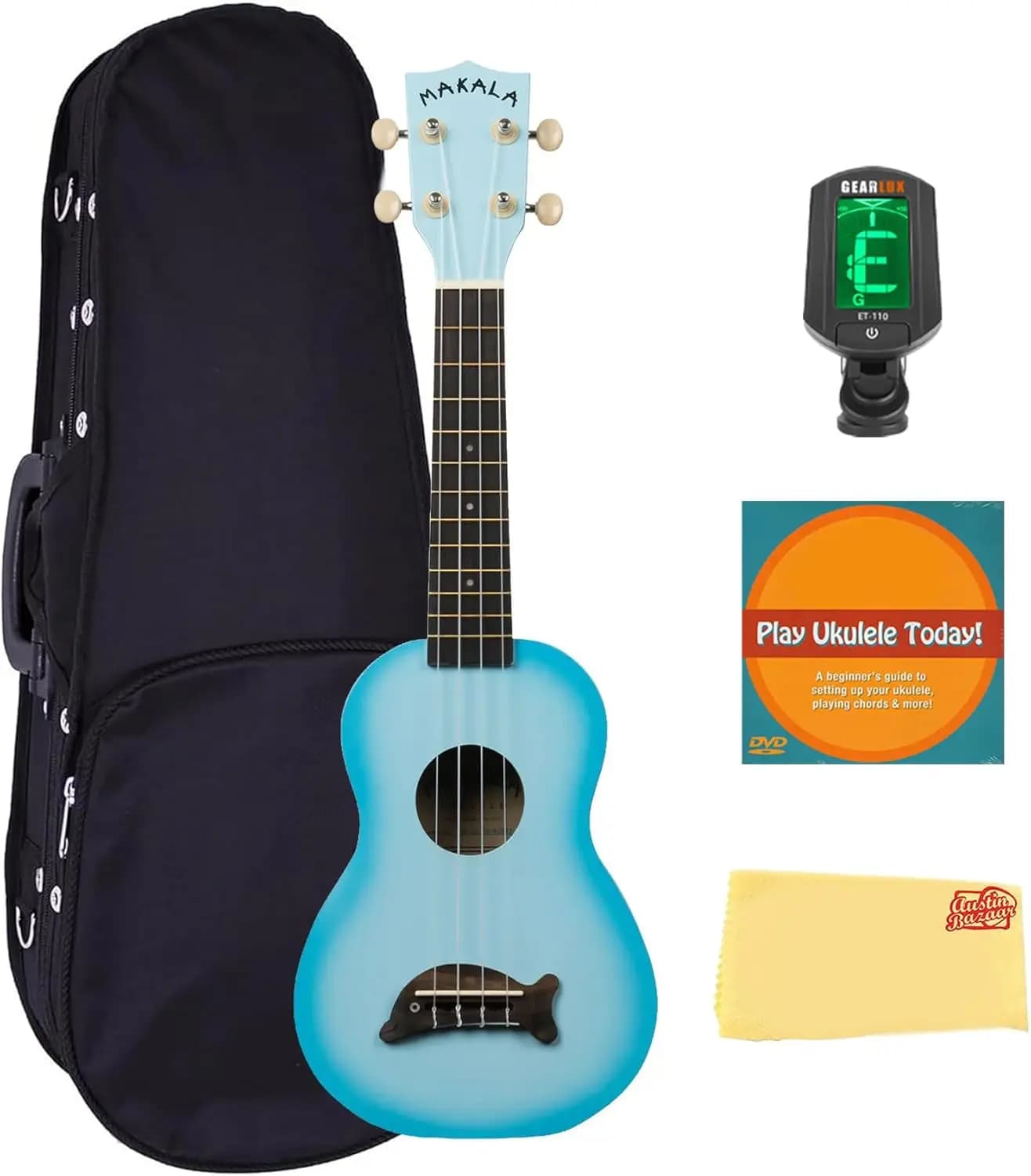 Soprano Ukulele Light Blue Burst Bundle with Hard Case, Tuner, Instructional DVD, and Polishing Cloth