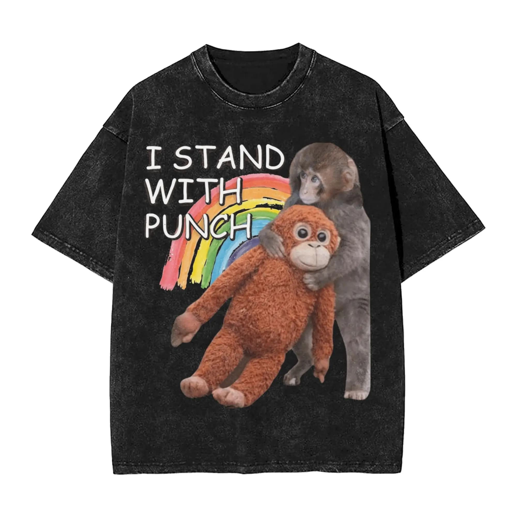 T-shirt a maniche corte lavata con stampa Team Punch Punch the Monkey Baby Monkey Holding Plush Toy, cool, streetwear, per uomo e donna
