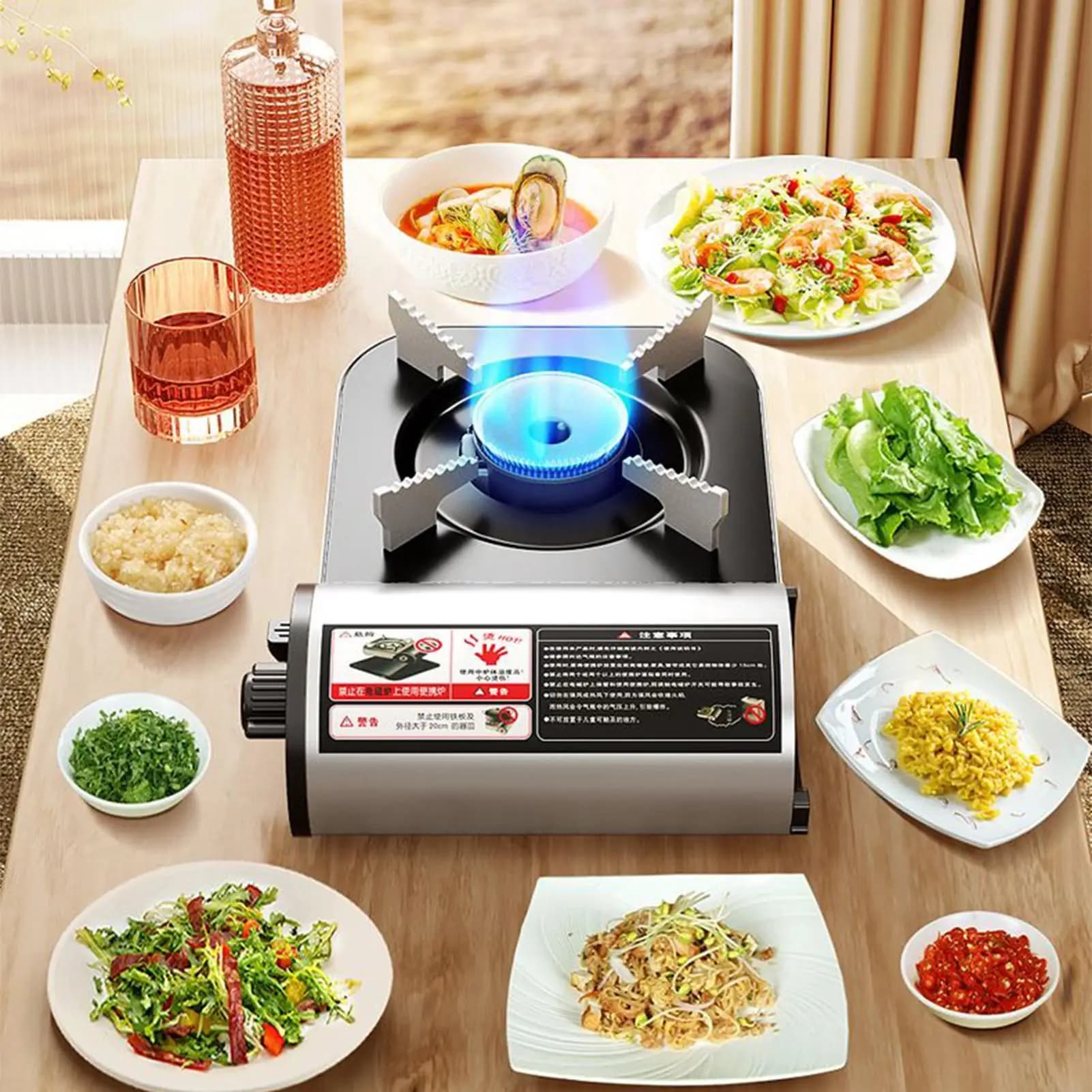 Fornello da campeggio Fornello da campeggio portatile Bruciatore 2100W Strumento di cottura antivento Accessori da cucina leggeri per il riscaldamento della friggere
