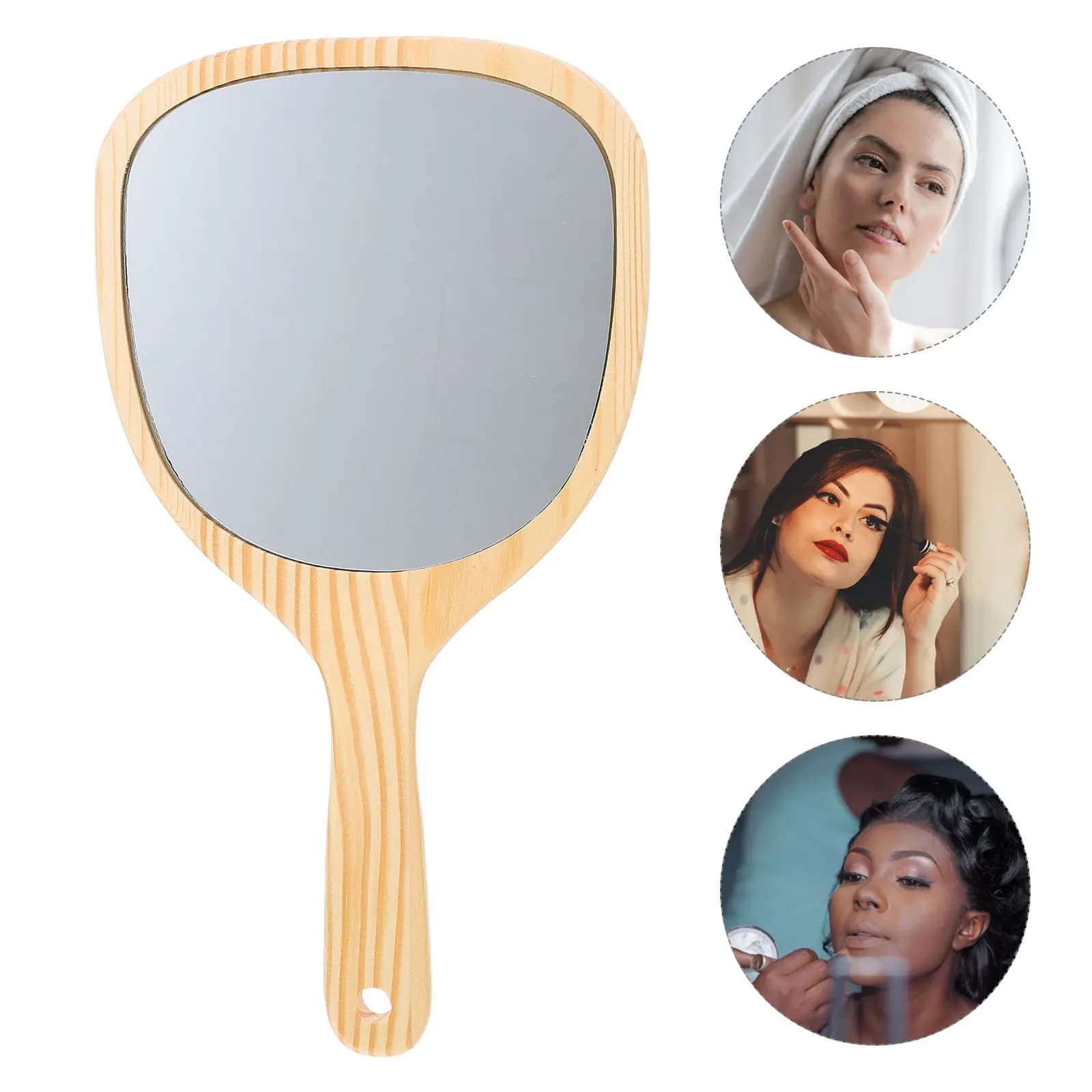 Specchio per il trucco con manico in legno naturale, impugnatura ergonomica, portatile, compatto, leggero, per donne, viaggi, casa, bagno