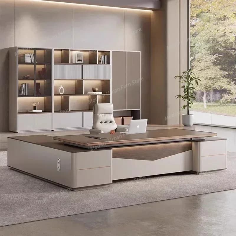 Scrivania Direzionale Moderna di Lusso con Cassetti e Organizer, Scrivania a L con Prese Elettriche, per Ufficio e Studio