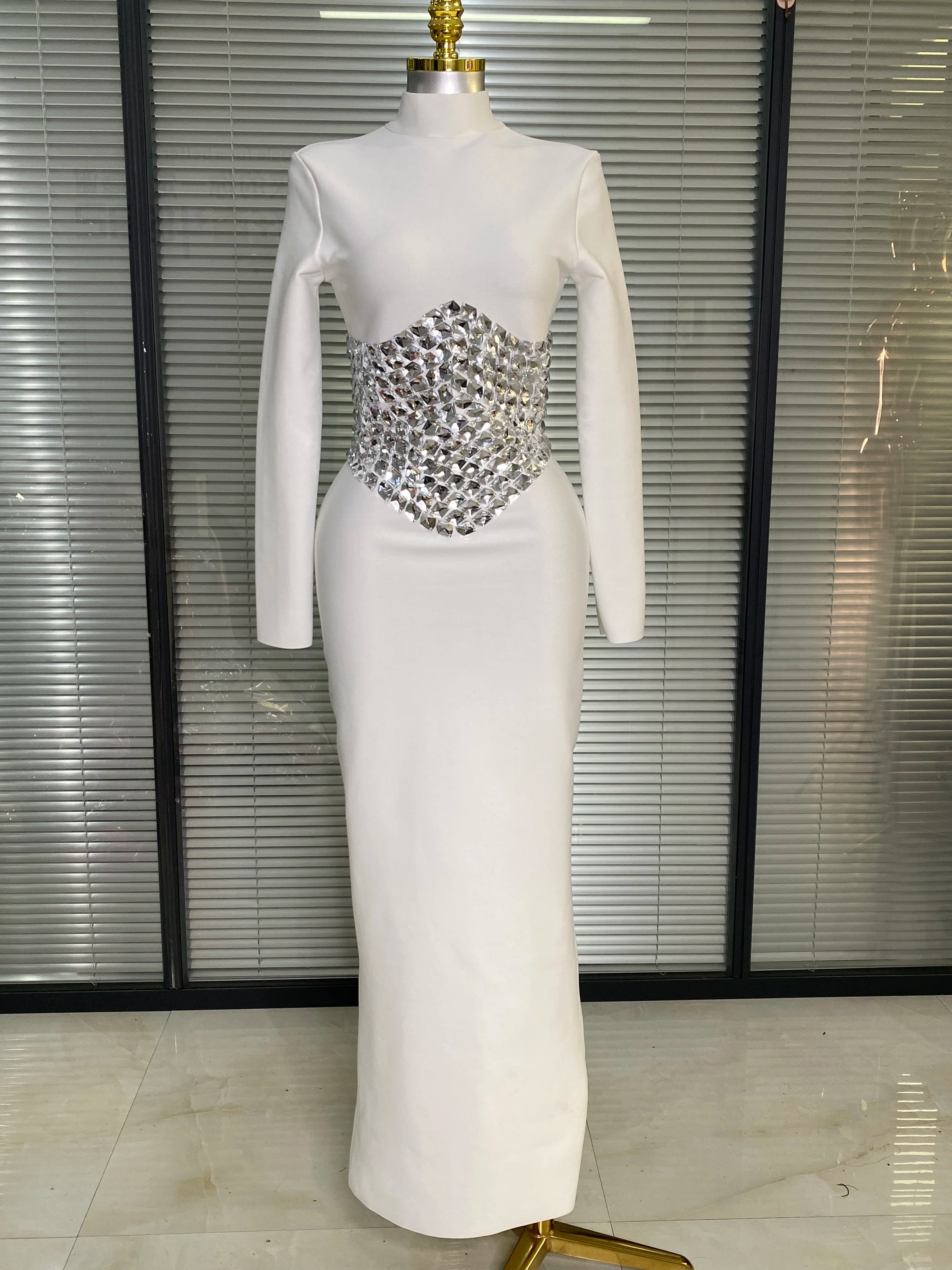 Abito Lungo Bianco da Donna con Diamanti Scintillanti, Sexy, a Maniche Lunghe, Stile Bandage, per Feste di Compleanno, Serate di Gala e Cerimonie