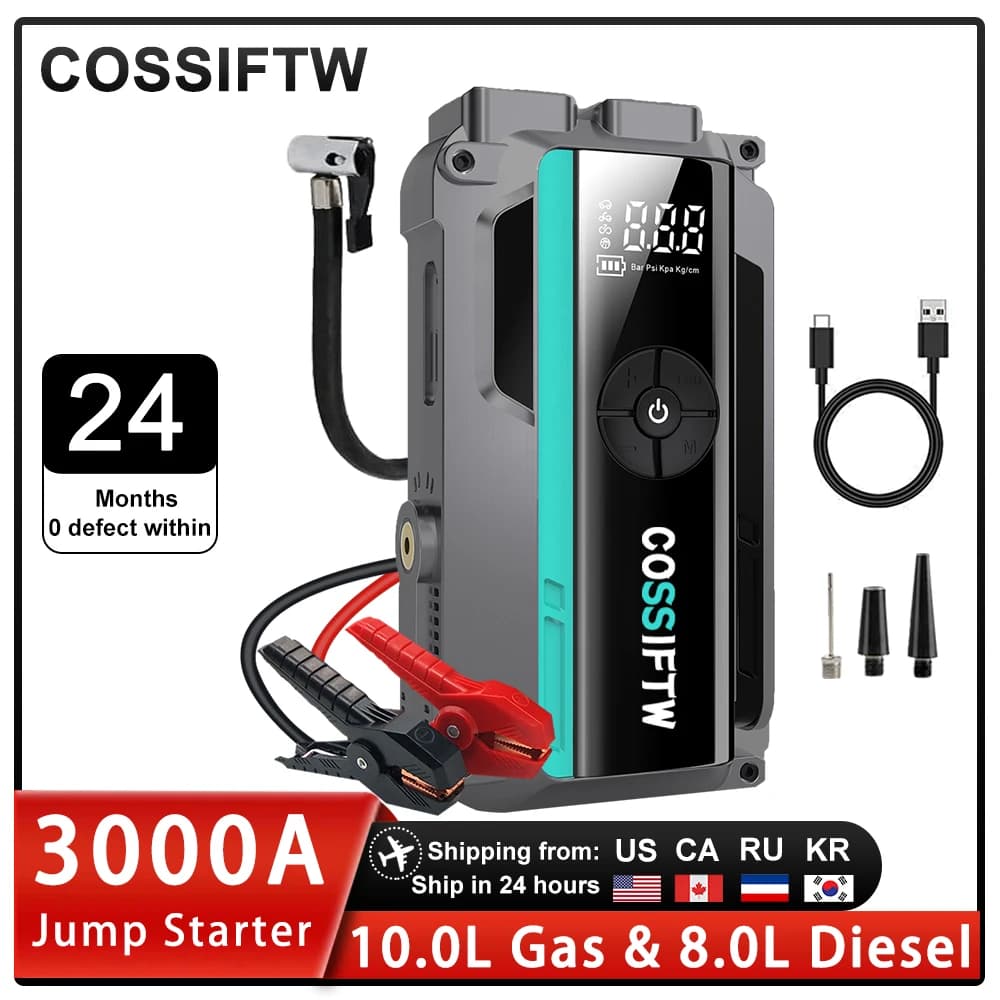 Avviatore di Emergenza 3000A con Power Bank da 16800mAh e Compressore d'Aria Portatile da 150PSI, 4 in 1: Gonfiatore Pneumatici, Caricabatterie, Avviatore d'Emergenza per Auto