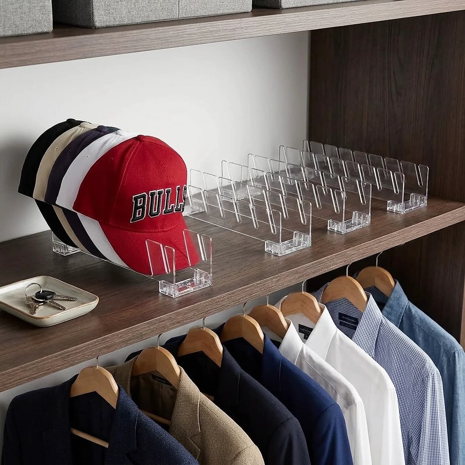 Zoyiancy 4 Pack Clear Hat Organizer for Baseball Caps, Angled Slots Low Profile Closet Display Stands, Acrylic Cap Storage Racks for Shelf
