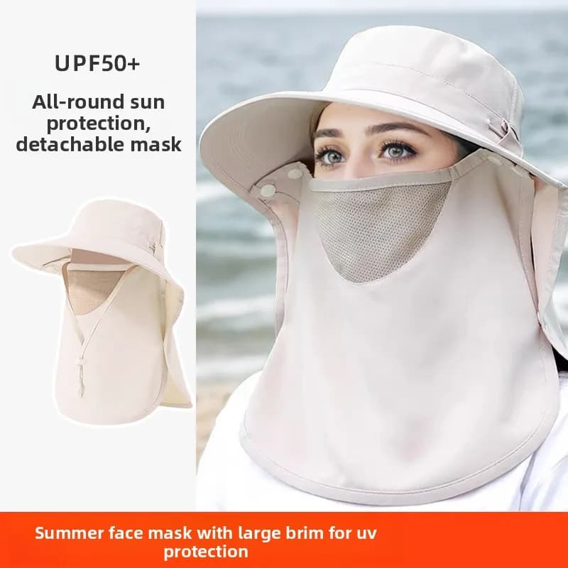 Summer cape-style wide-brimmed sun protection hat with neck guard and face mask, integrated outdoor sunshade, UV protection