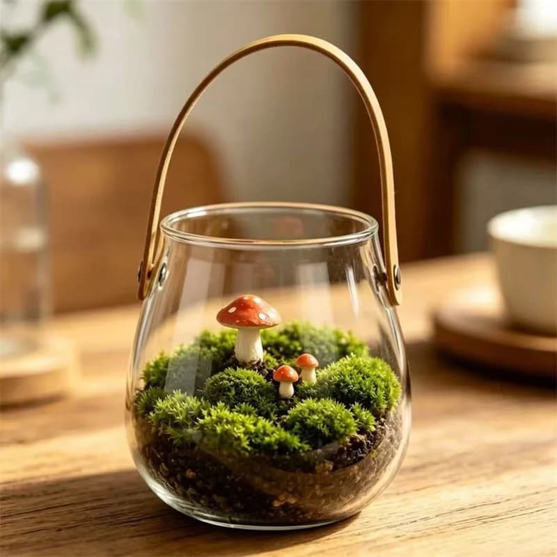 Leather Handle Glass Terrarium Jar Clear Vase for DIY Moss Fern Micro Landscape, Succulent Plant Pot for Home Tabletop Decor