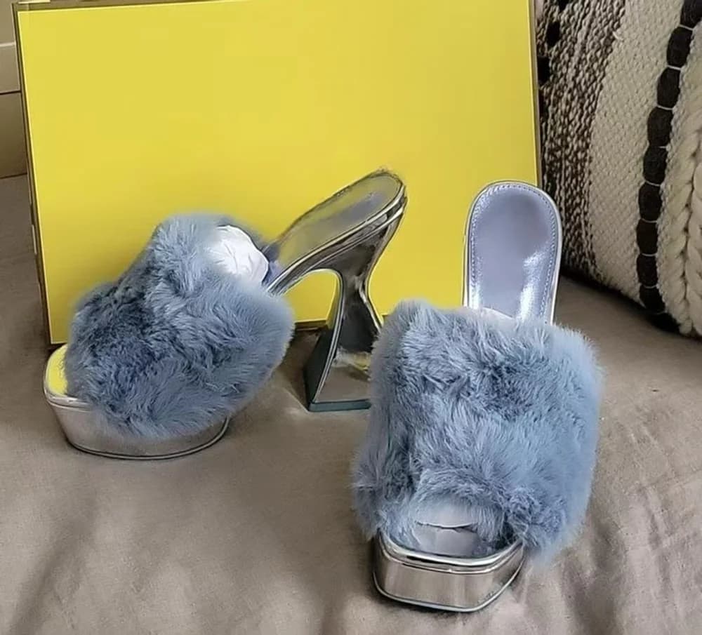 Light Blue Faux Fur Mule Wedges sandals Silver Shiny Platform Sole Open-Toe Design Soft Fluffy Elegant Summer Party Lady Shoes