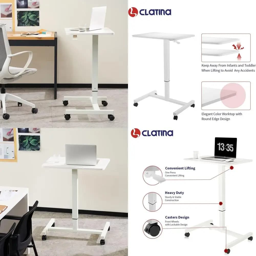 Elegante Scrivania per Laptop con Bordi Arrotondati, Altezza Regolabile Pneumatica Sit-Stand, Carrello con Ruote Bloccabili, 28x19 Bianco per Casa e Ufficio