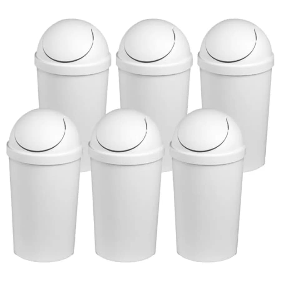 3 Gallon Round SwingTop Wastebasket with Lid, Small Plastic Trash Can for the Bathroom, Bedroom, Dorm or Home Office, White, 6-