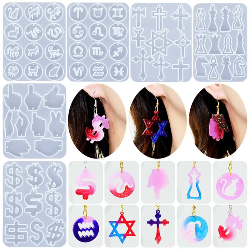 Stampi Fai da te Gocce di cristallo Serie mista Orecchini Stampo pendente Natale 12 costellazioni Zodiaco Croce Scacchi Dollaro Gesto Stampo