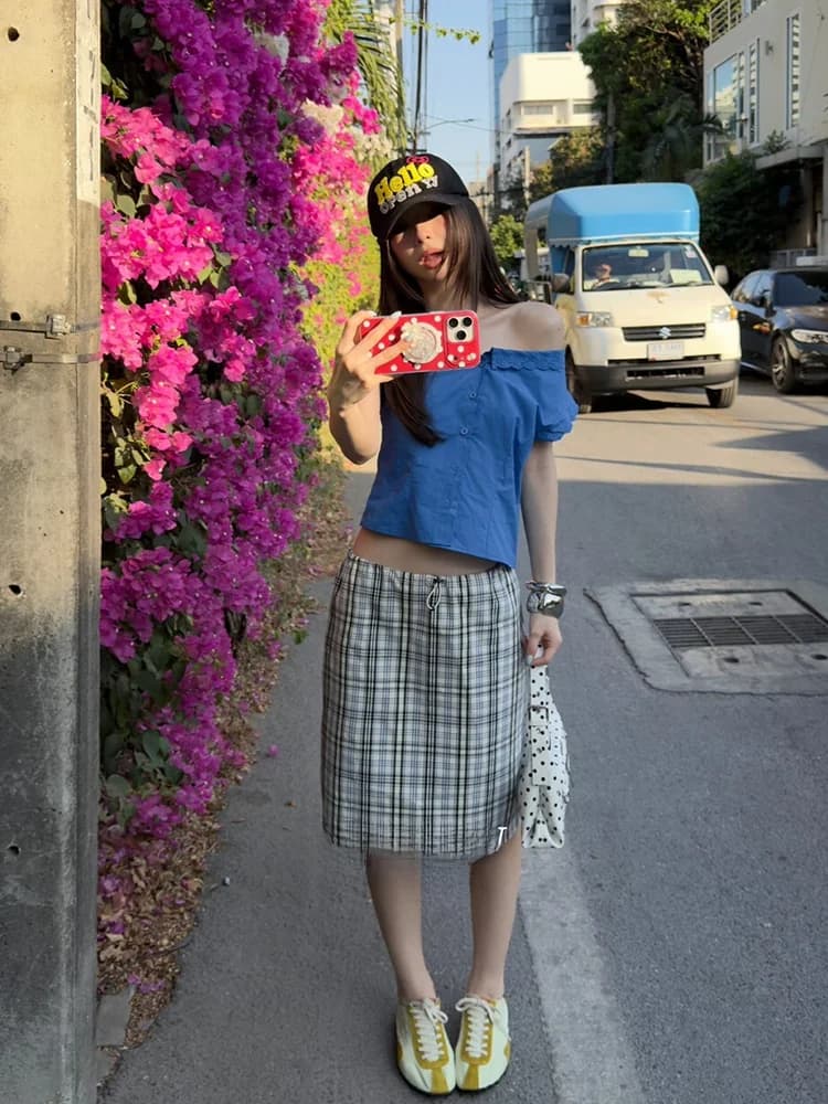MMFI2026 Gonna a vita alta a quadri con coulisse, linea ad A, da donna, snellente, versatile, alla moda, in poliestere e cotone, per la primavera anticipata