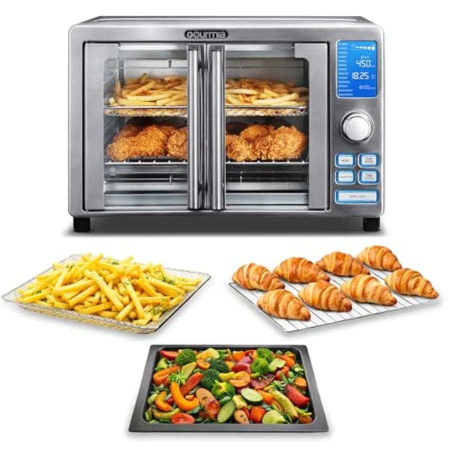 Forno Tostapane con Porta a Battente e Funzione Friggitrice ad Aria - Capacità 6 Fette, Display LED con 14 Programmi di Cottura Preimpostati, Acciaio Inossidabile
