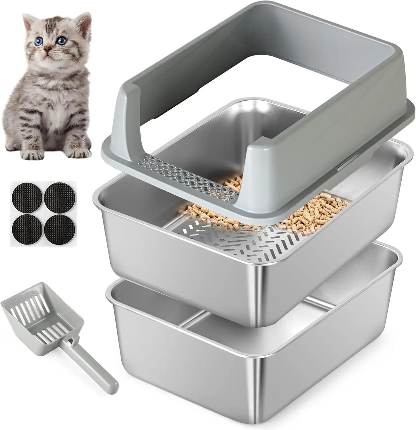 Lettiera per Gatti in Acciaio Inossidabile con Filtro per Pellet di Pino, Bordi Alti, Anti-Perdita, Controllo Odori, Include Paletta, 45x35x28 cm