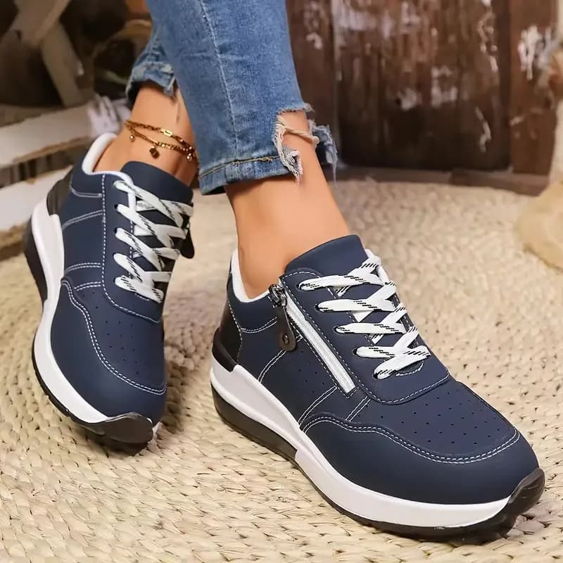 Women Side Zipper Platform Sneakers Lace‑Up Faux Leather Perforated Casual Walking Shoes Free Shipping Outdoor Daily Shoes