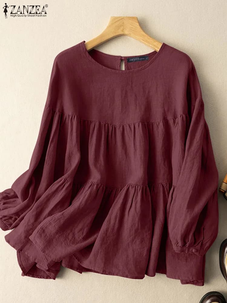 ZANZEA Camicette estive da donna in cotone traspirante a maniche lunghe con scollo a O, top a strati, colore solido, casual, larghe, Blusas de Mujer 2026