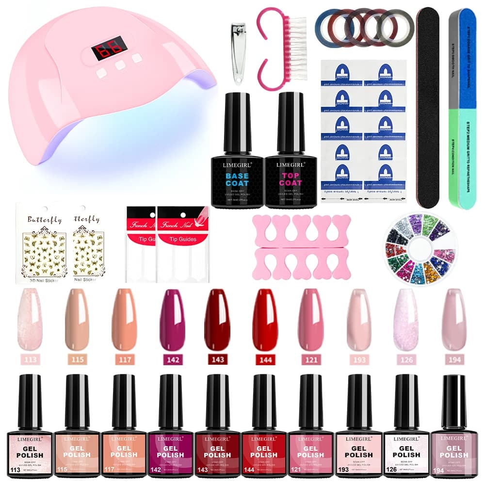 Limegirl Set di smalti gel per unghie con lampada UV Kit di strumenti per salone di manicure per smalto gel da 10 colori per nail art con rivestimento base e top coat