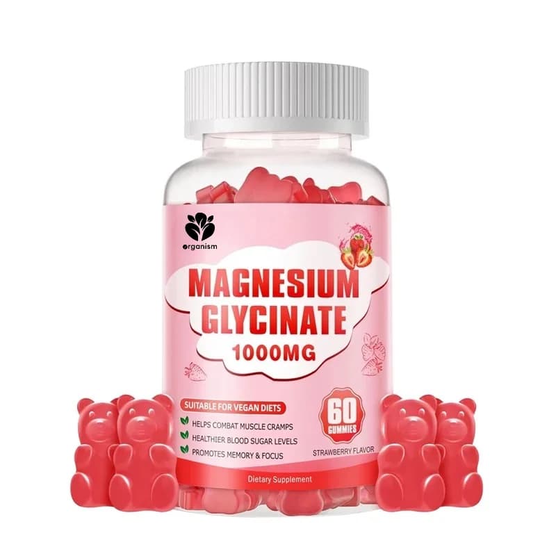 Glycine Magnesium Gummies 1000mg - Supplement of Magnesium and Potassium Without Sugar with Vitamin D, B6, 60 Gummies to Strawberry