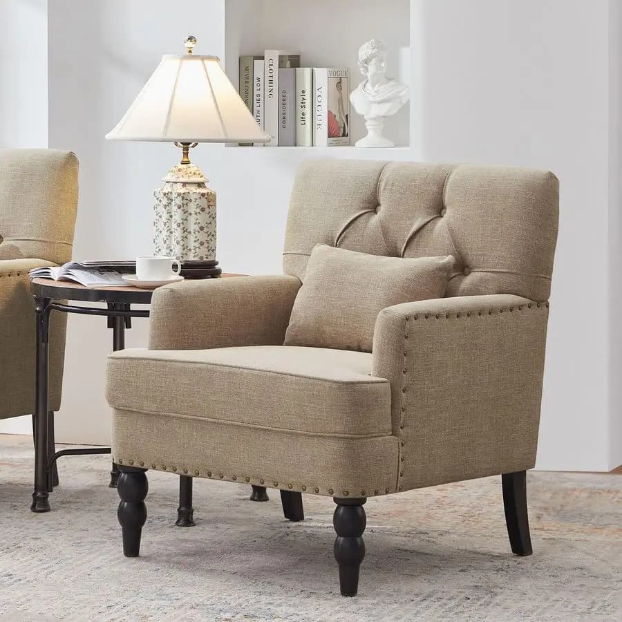 Poltrona Club Trapuntata, Poltrona Decorativa con Cuscino Lombare, Poltrona Imbottita con Bottoni, Sedie Divano in Tessuto Lino per Camera da Letto, Soggiorno