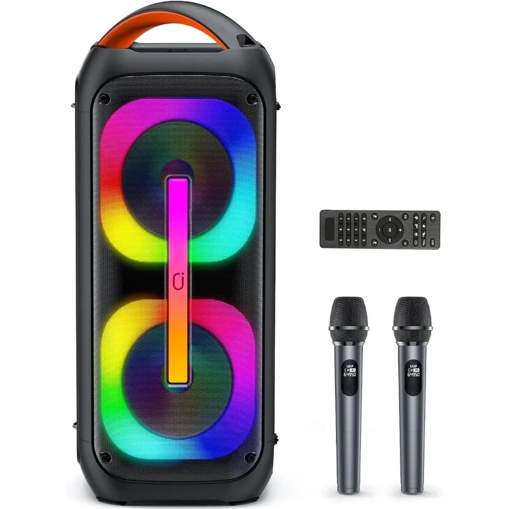Macchina per karaoke con 2 microfoni wireless, subwoofer doppio da 60 W 6,5 pollici e picco 400 W】Grande altoparlante per feste Bluetooth con luce da discoteca