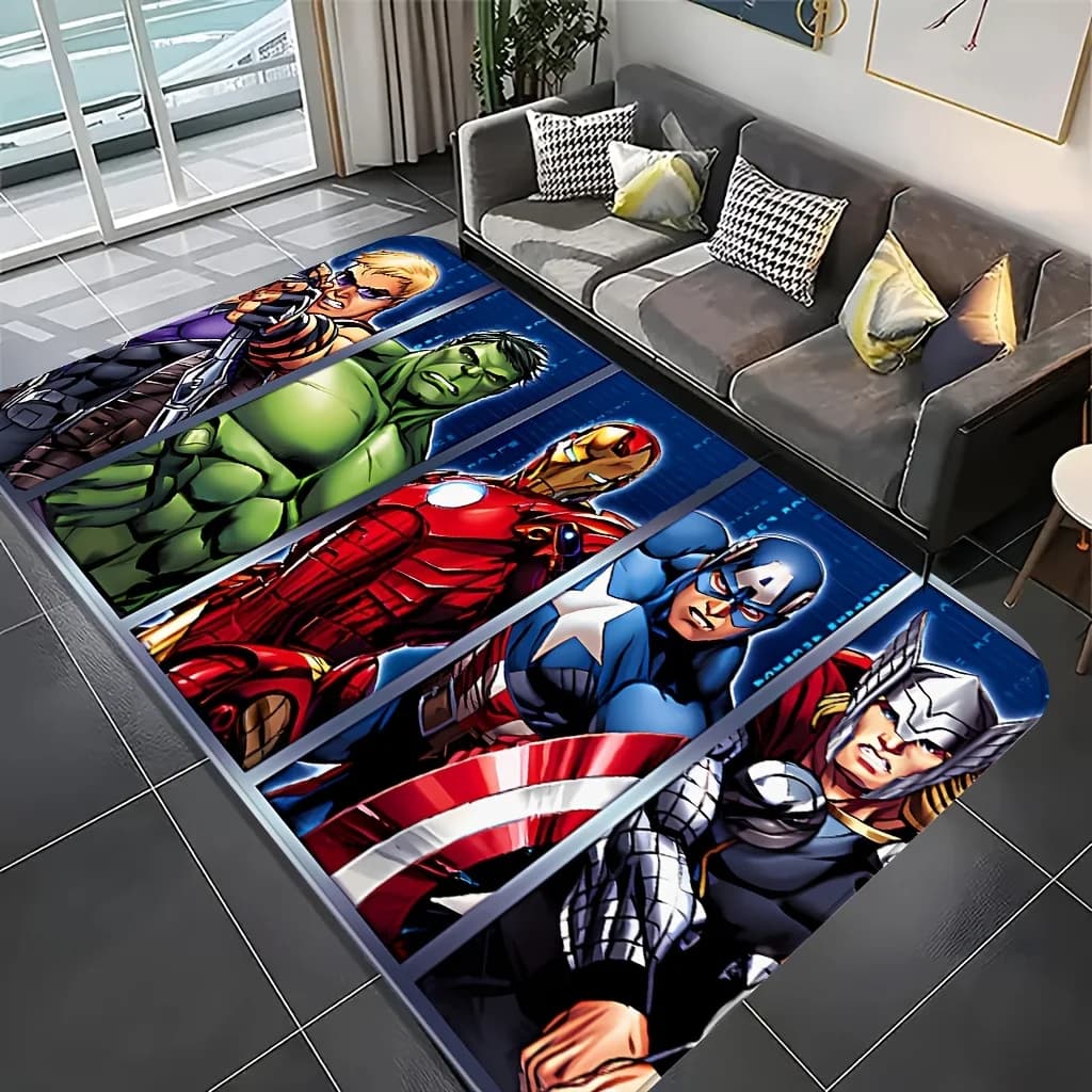 Tappeto stampato con supereroi Marvel - Grande tappeto con Iron, Hulk e altri personaggi - Ideale per soggiorno, camera da letto, esterni