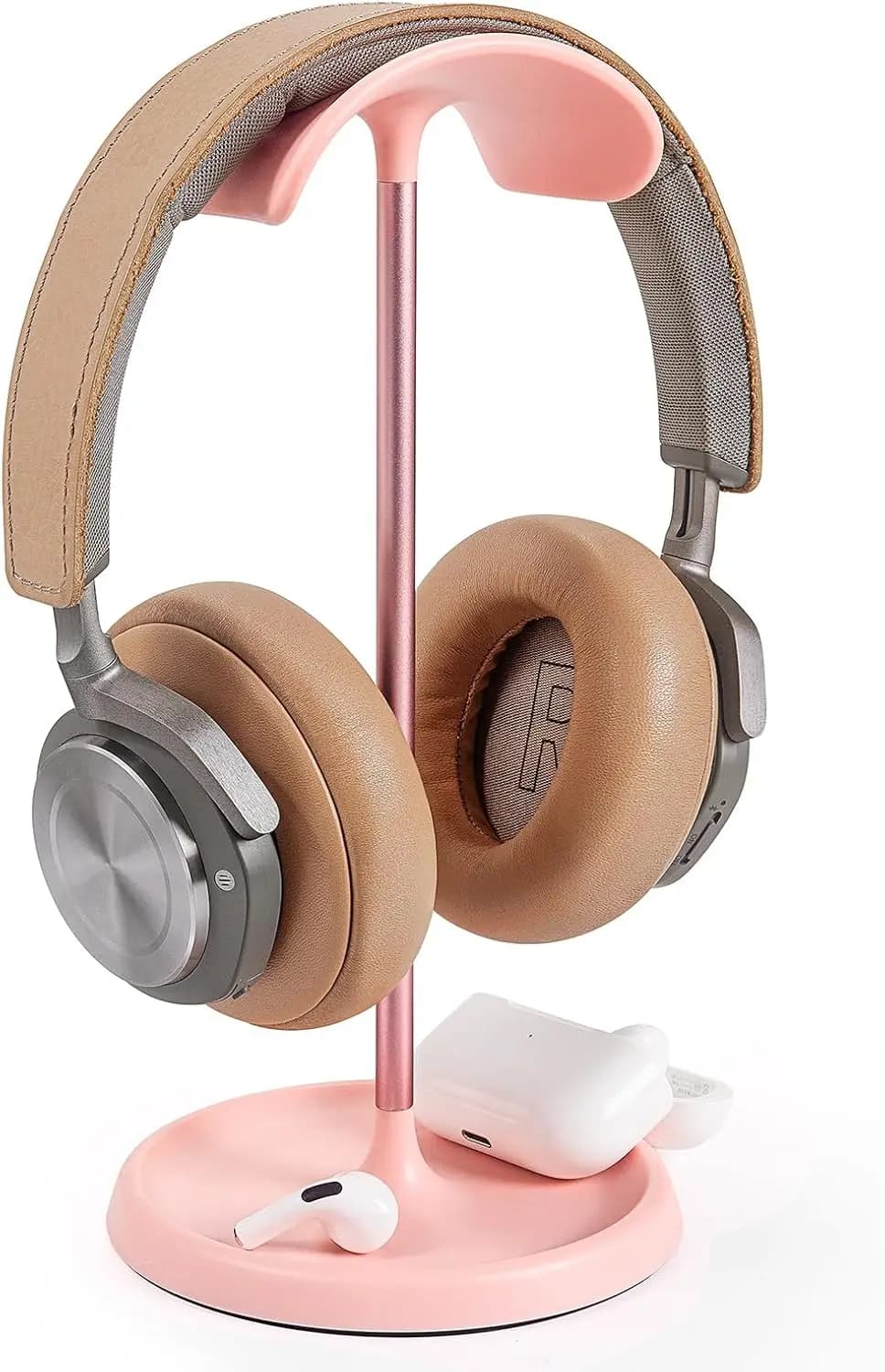 Supporto per cuffie curvo con vassoio portaoggetti, base pesante per gaming e uso domestico in rosa