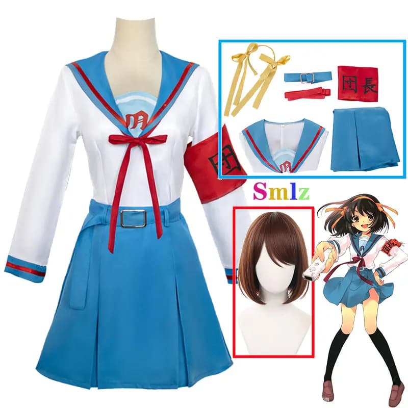 Costume Cosplay di Suzumiya Haruhi, Uniforme JK con Top e Gonna, Parrucca, Outfit per Halloween e Carnevale