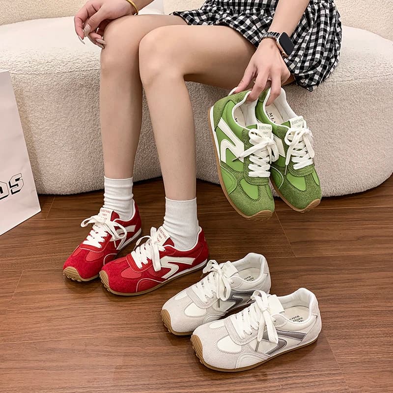 Women Glitter Retro Sneakers Color Block Lace Up Light Walking Trainers Multicolor Green White Red Casual Daily Sport Footwear