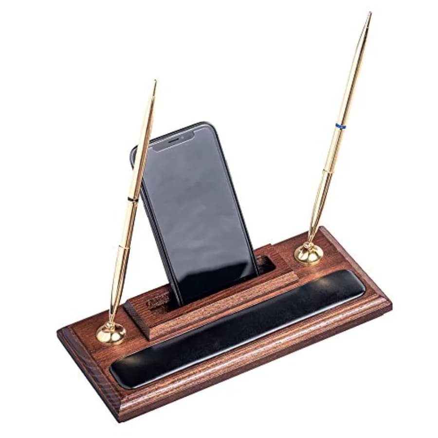 Portapenne in Noce e Pelle con Supporto per Cellulare in Marrone per Organizzazione Scrivania Ufficio, Legno Naturale Durevole e Pelle Premium