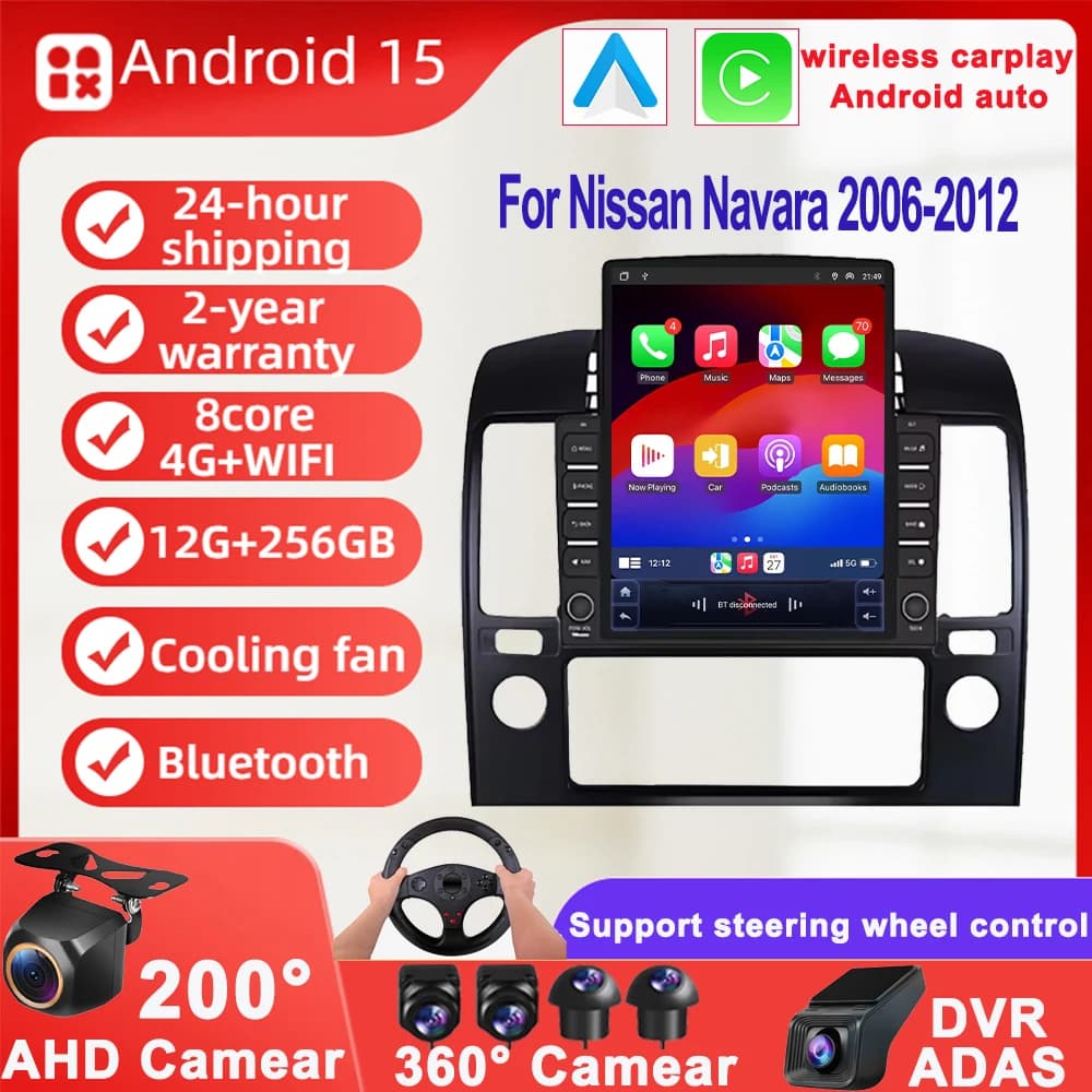 9.7" Vertical Style for Tesla Screen Android 15 Car Radio for Nissan Navara 2006-2012 GPS Navigation Multimedia Player 2 Din