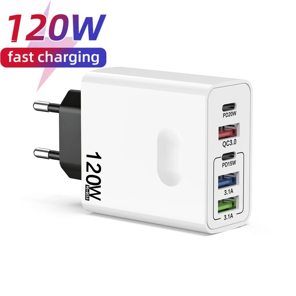 120W Multi Port USB C Fast Charger PD Charging Type C QC3.0 Wall Phone Adapter for iPhone 17 Samsung Xiaomi Huawei EU US UK Plug