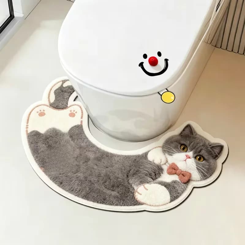 Fun Cartoon Cute Cat U‑Shaped Toilet Bath Mats Irregular Soft Plush Bathroom Floor Mat Washable Easy Clean Rug Home Decor