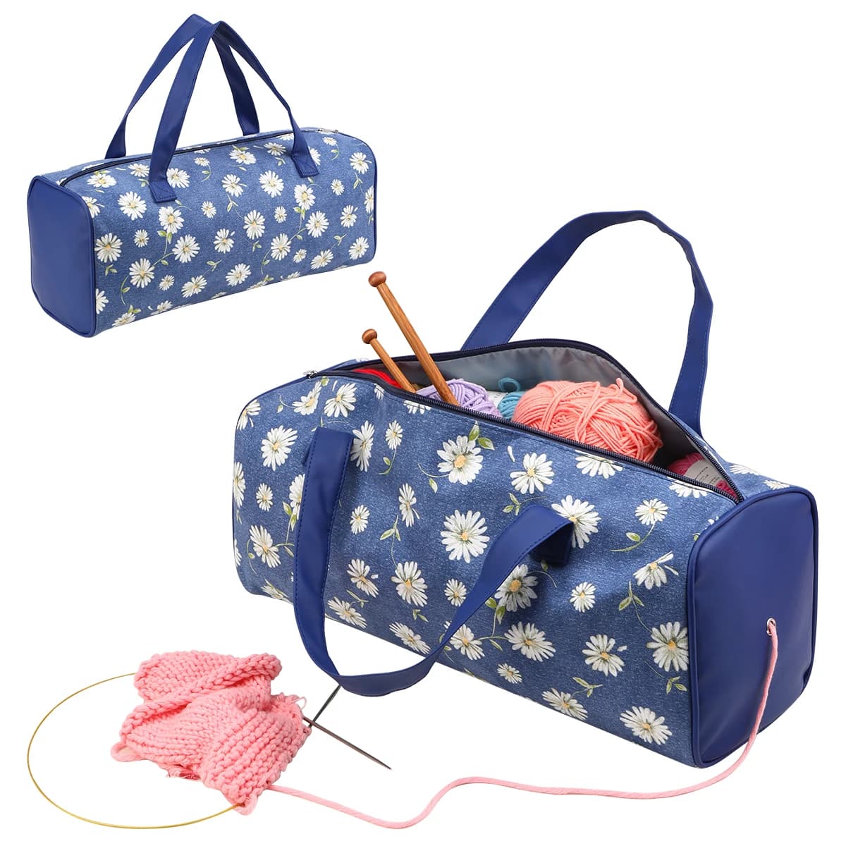 Borsa Portaoggetti per Filati da Maglia con Stampa Margherita, Organizer Portatile con Manico per Uncinetti, Lana e Materiali per il Fai da Te