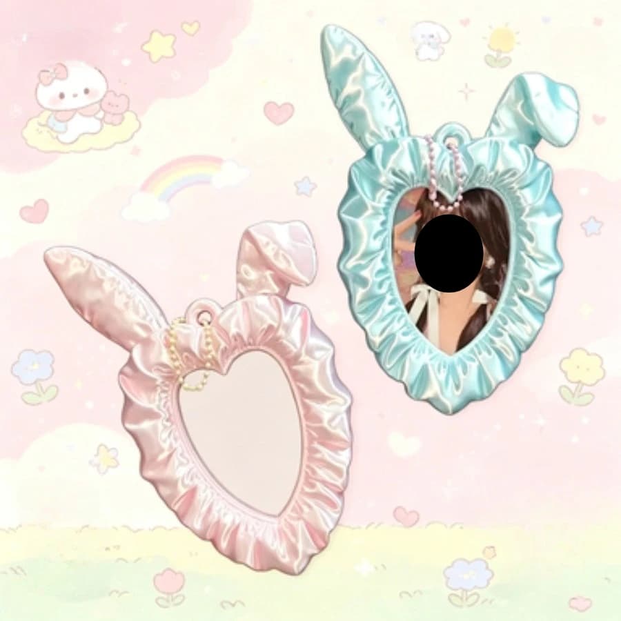 Cute Rabbit Ear Heart-shaped Photo Booth Silk Satin Idol Photo Frame PLA Material Style Card Holder Keychain Photo Display Frame