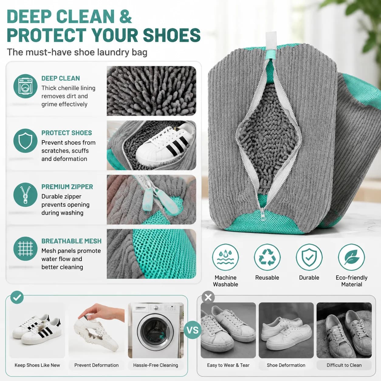 2‑Pack Reusable Shoe Laundry Washing Bag, Chenille Inner Lining Sneaker Cleaning Pouch, Zipper Shoe Washer Protector Bag, Wash Shoes Safely In Washing Machine For Home Daily Use