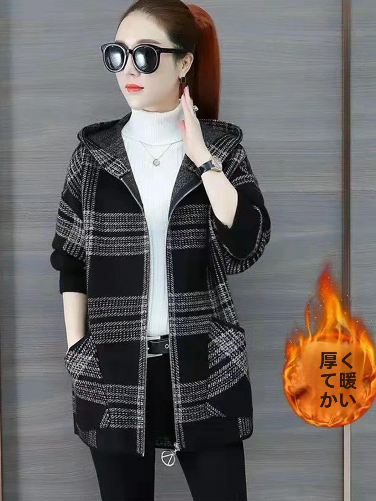 Thickened Fleece Large Size Plaid Coat Autumn Winter Loose Open Cardigan Mid-Length Hoodie Women's Clothing Casual Style