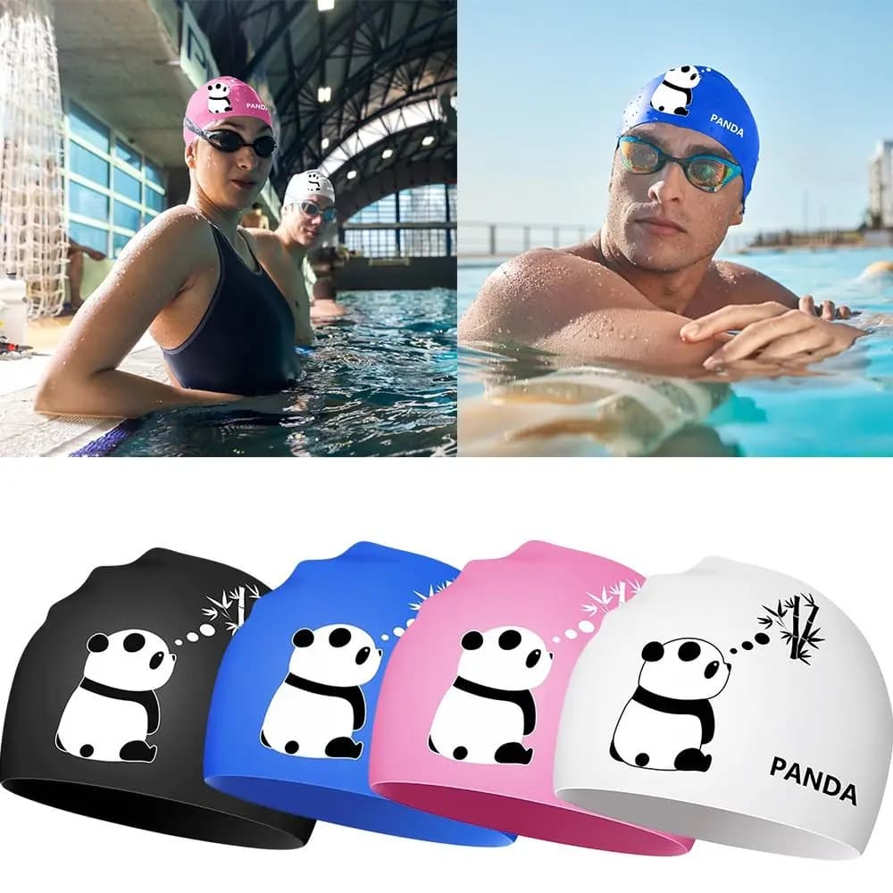 New Waterproof Silicone Swim Cap High Elasticity Seamless Swimming Hat Soft Cartoon Panda Swimming Cap Long Hair