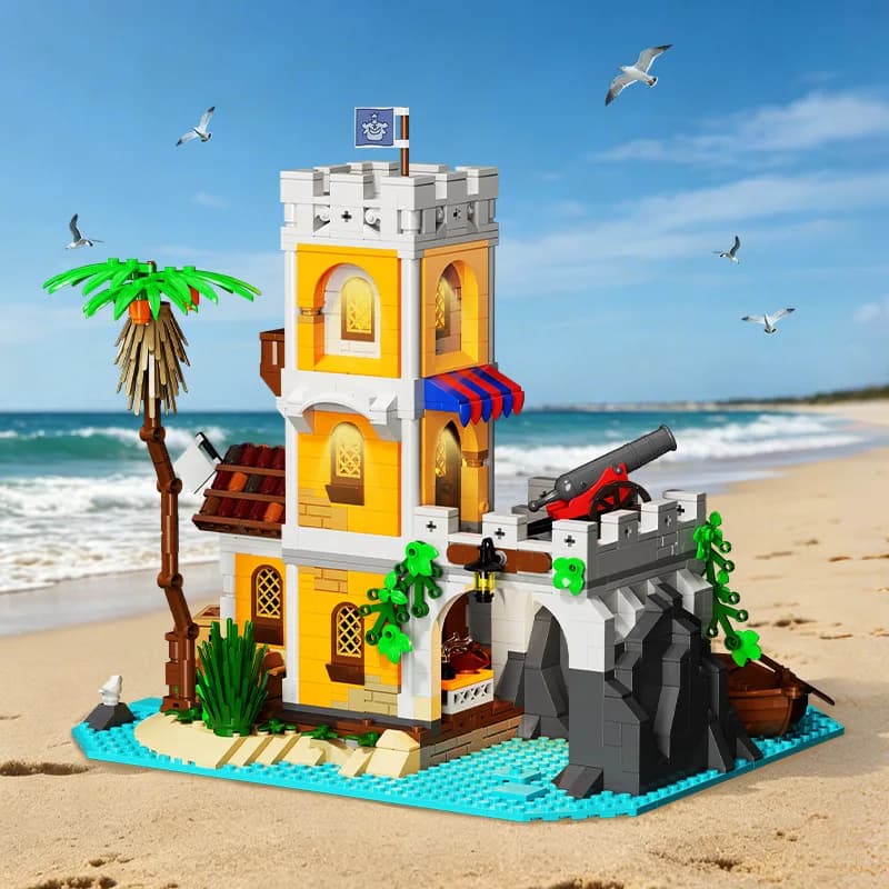 Sea Castle Lighthouse Building Blocks LED Empire Outpost Street View Pirate Model DIY Assembly Educational Bricks Gift Boys
