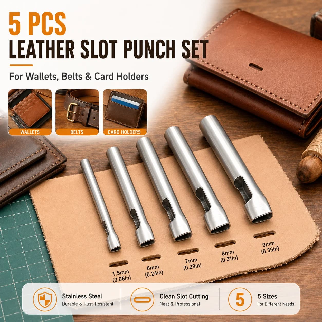 Leathercraft Oval Hole Punch Kit Stainless Steel Punching Tools 1.5mm to 9mm for DIY Leather Projects Bag Belt and Shoe