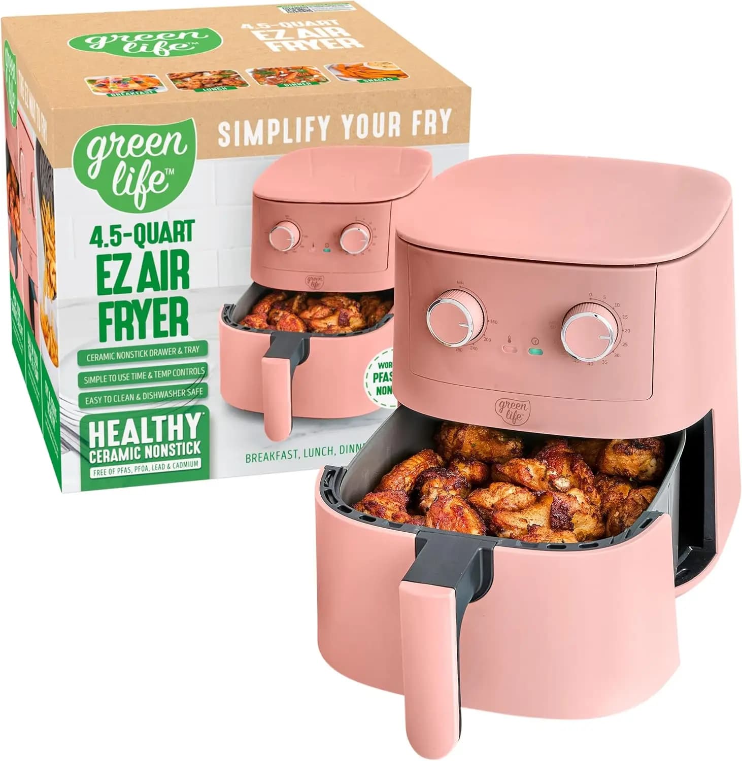 Friggitrice ad Aria da 4,5QT, Controlli Meccanici a Manopola, Cassetto Antiaderente in Ceramica Senza PFAS, Temperatura e Timer Regolabili, Indicatore LED, Senza Olio