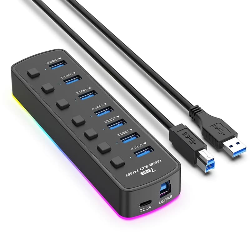 Espansore convertitore computer splitter hub USB 3.0 a 7 porte RGB da 5 Gbps con interruttore indipendente e porta di alimentazione per computer portatile