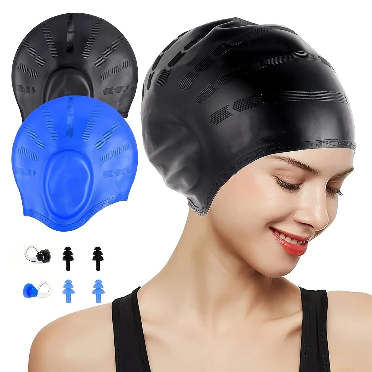 Silicone swim cap 2 pieces men swimming pool water sports diving bathing long hair waterproof large caps adult hat new