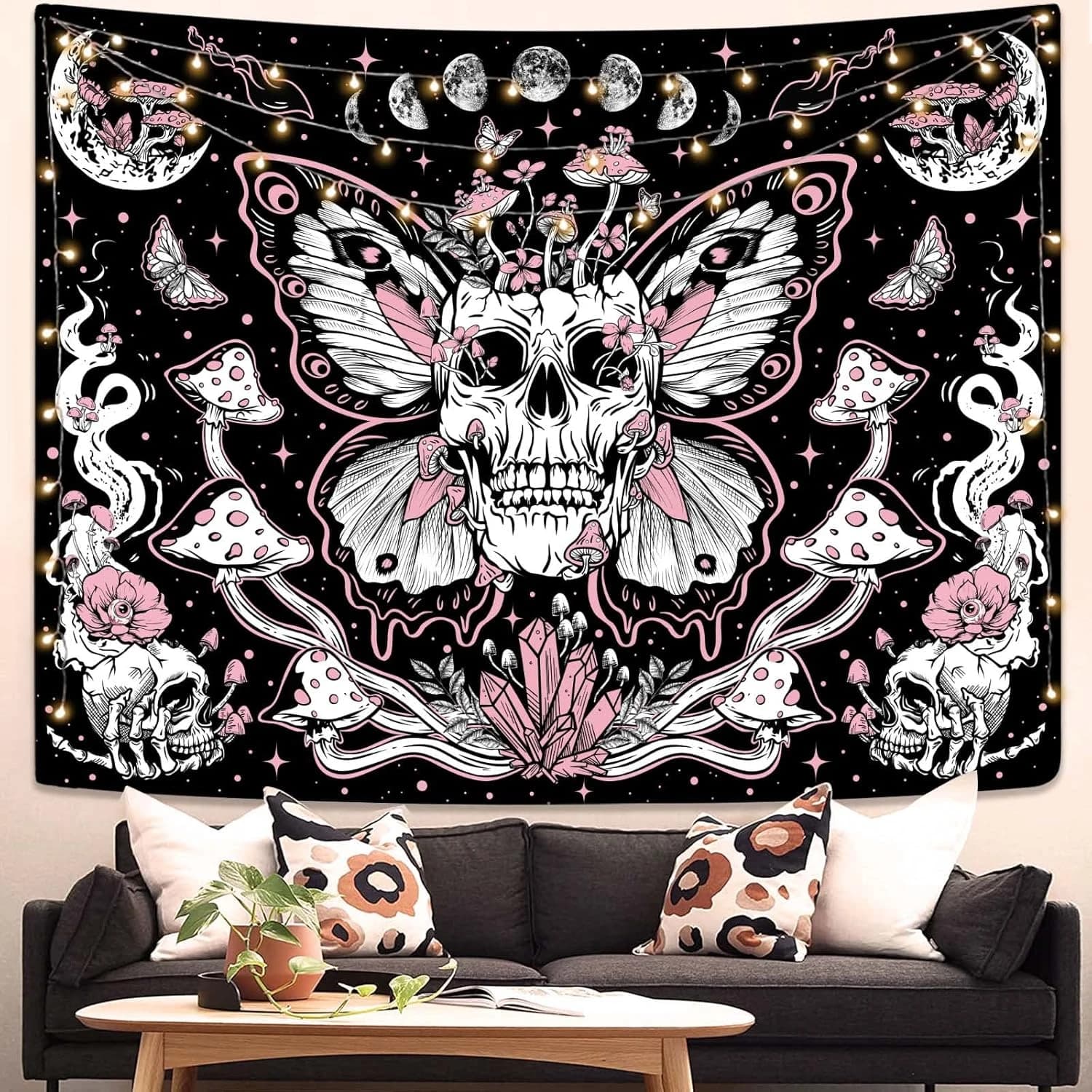 VIKAMA Pink Gothic Skull Tapestry Butterfly Wing Crystal Wild Flower Moon Phase Wall Art for Dark Aesthetic Room Decor