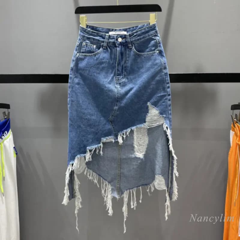 Irregular Denim Skirt Women 2026 Spring Summer New Ripped Tassel Mid-Length Slimming Hip Skirts Fashion Street Jeans Faldas