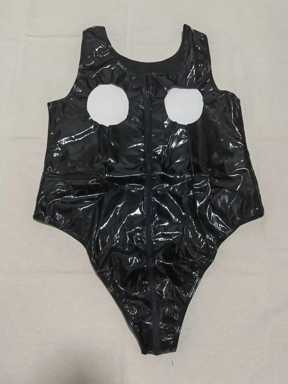 S-4XL Body intero in PVC effetto bagnato e pelle PU lucida, traforato, con cerniera all'inguine, tipo Catsuit, Tights, Teddies, Costume da bagno, Sukumizu, Leotard
