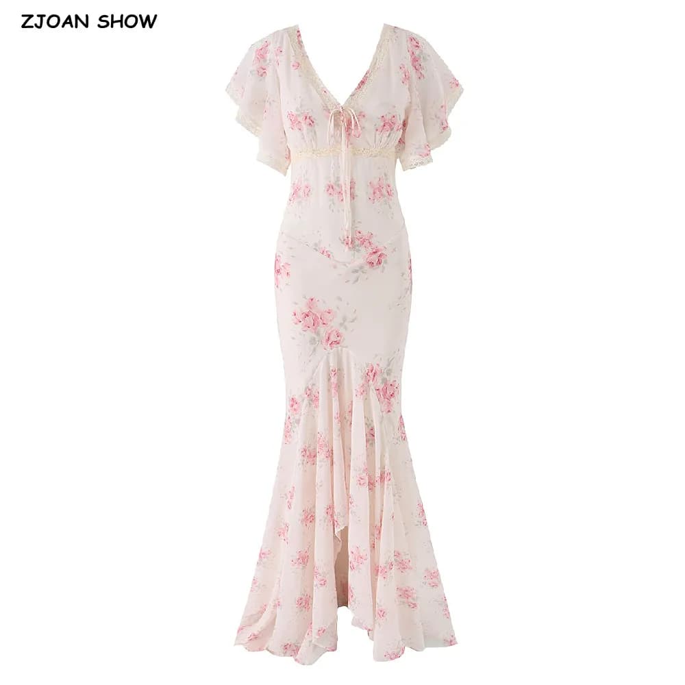 2026 Summer Women Pink Floral Print Spliced Lace Flare Sleeve Chiffon Dress V neck Ruffles Hem Dovetail Maxi Dresses Party Robe