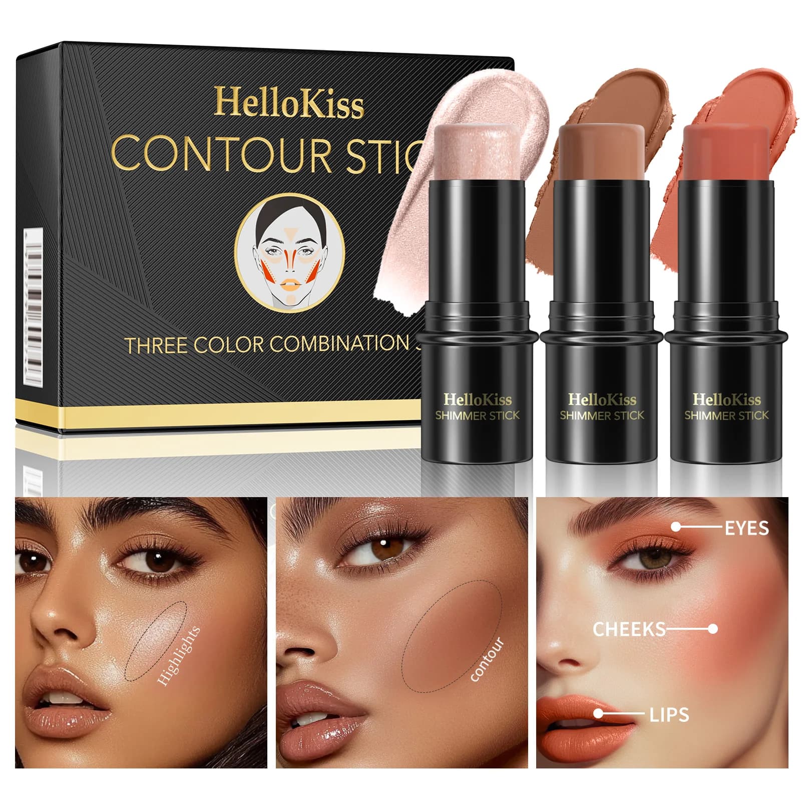 1 set di 3 stick per il contorno, stick illuminante, stick per il blush, set di 3 stick per il contorno in crema, inclusa una spazzola per il contorno, crea contorni del viso, non unge.