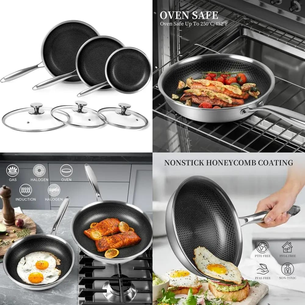 Set of honeycomb stainless steel non-stick pans, size 8, 9.5 and 11 inch, with lid, kitchen utensils included