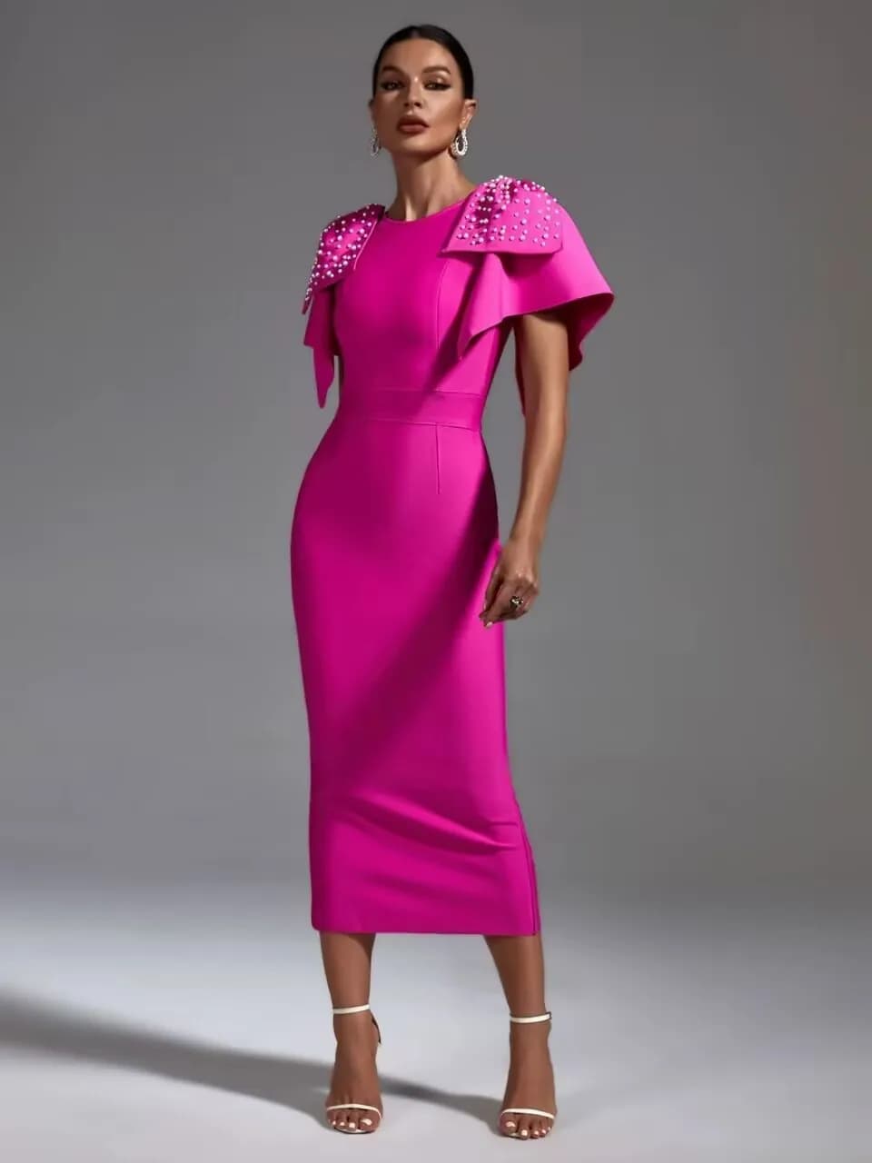 Nuovo fiocco manica in rilievo rosa colore rosso fasciatura abito lungo donna graziosa pacchetto fianchi abito da sera abito da cocktail party