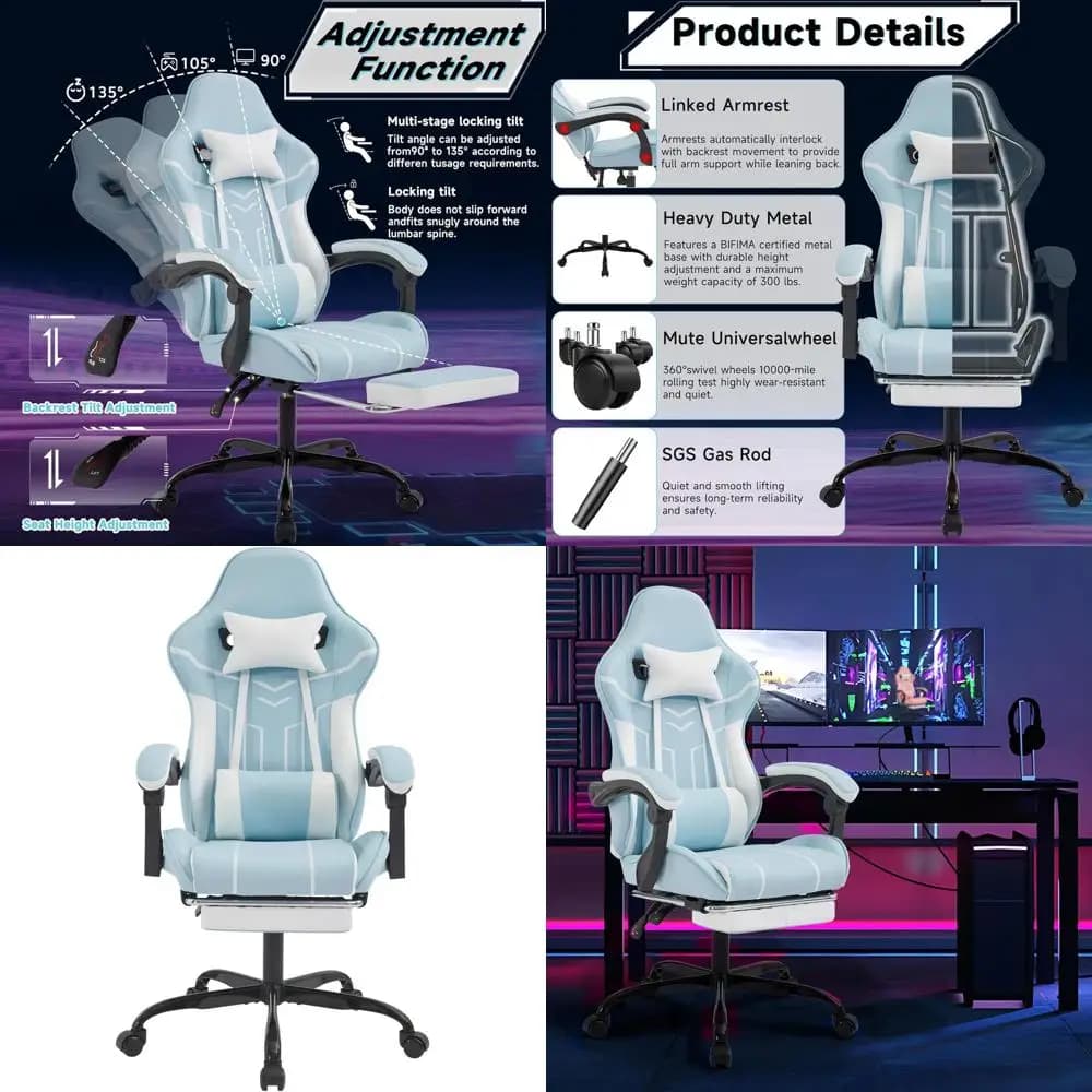 Sedia da Gaming Ergonomica Blu e Bianca con Supporto Lombare e Poggiapiedi per Ufficio e Uso Computer