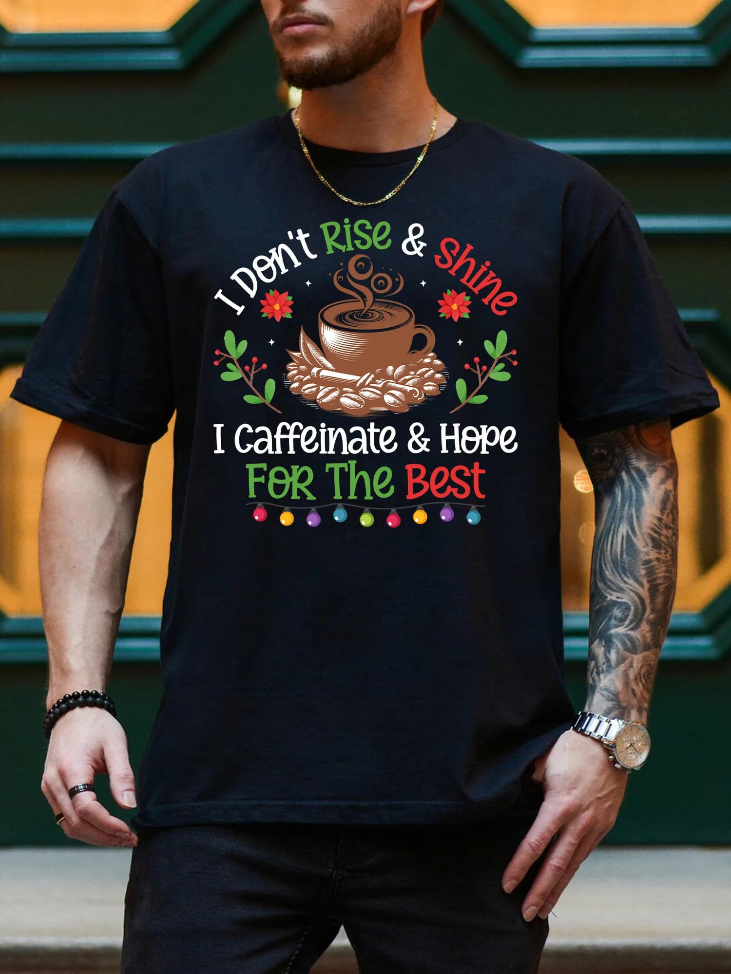 Caffeinate & Hope For The Best T-shirt grafica da uomo, T-shirt nera casual in puro cotone, T-shirt leggera girocollo